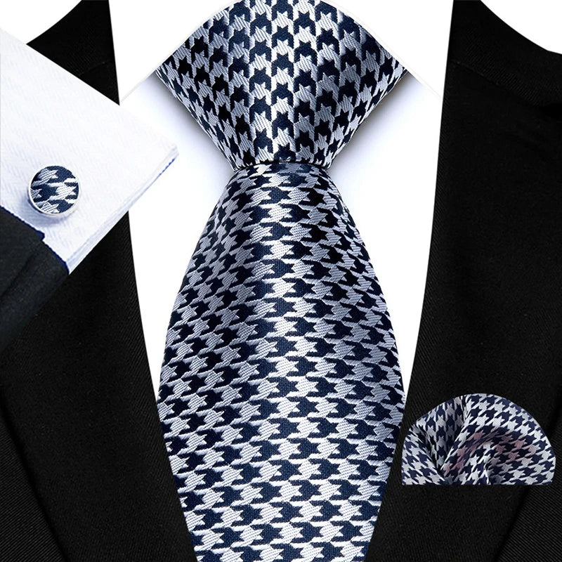Luxury Brand Design Tie for Men Tie Set Classic Plaid Necktie Cufflinks Handkerchief Set For Formal Wedding High Quality Gravata