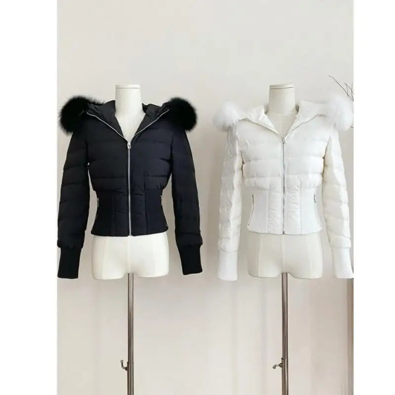 2025 New Women Fur Collar Hooded Cotton Jacket Winter Fashion Waist Slim Fit Short Coat Thickened Warm Zipper Jacket Girl Gift