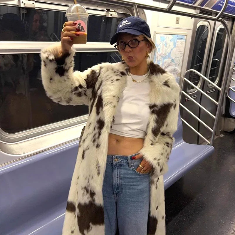 Autumn Winter New Fashion Women's Turn-down Collar Long Sleeve Color-coded Casual Trendy Daily Luxury Faux Fur Coats Female Tops