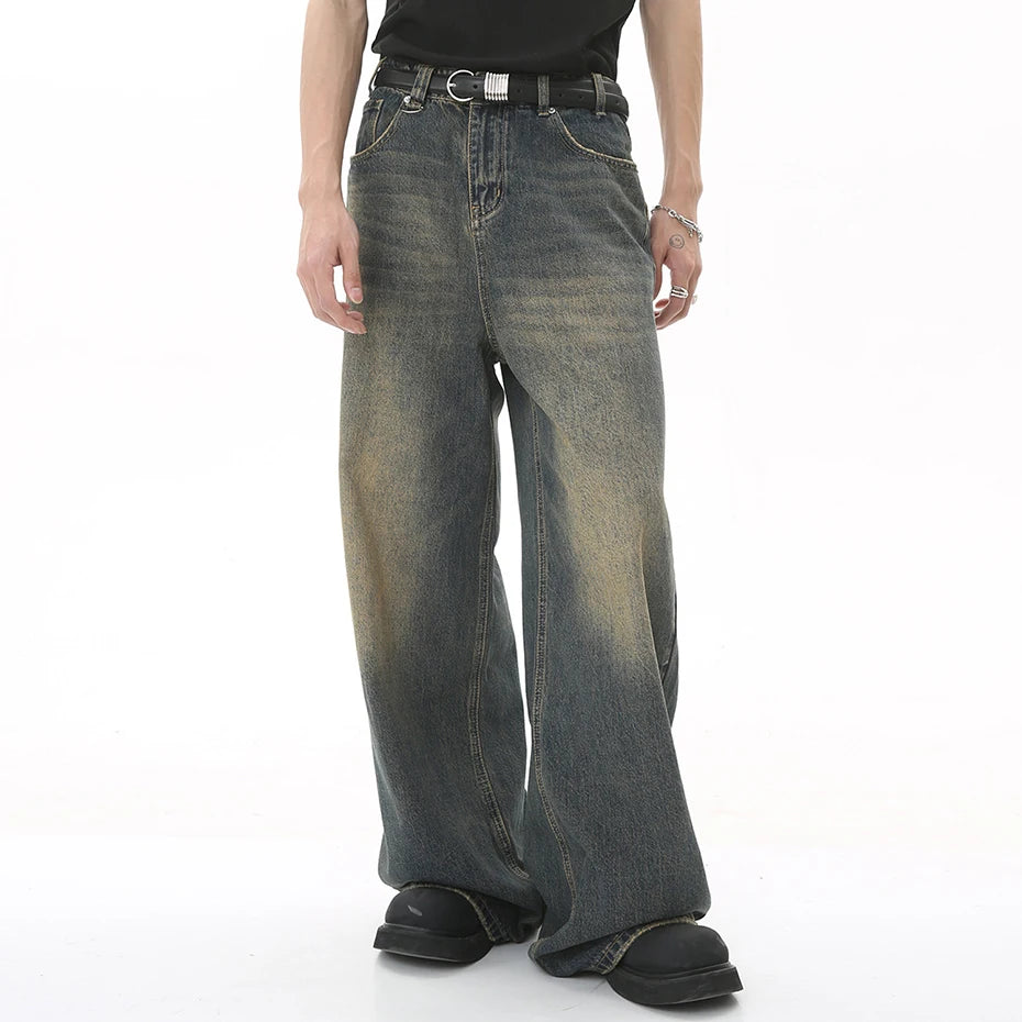 Vintage Blue Loose Denim Pants Men Retro Straight Baggy Jeans Wide Leg Casual Black Jeans Trousers