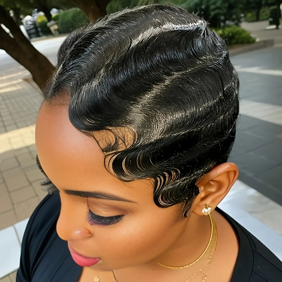 Short Finger Wave Human Wigs Remy Hair Pixie Cut Wig Human Hair Wig For Women Machine Made Wig