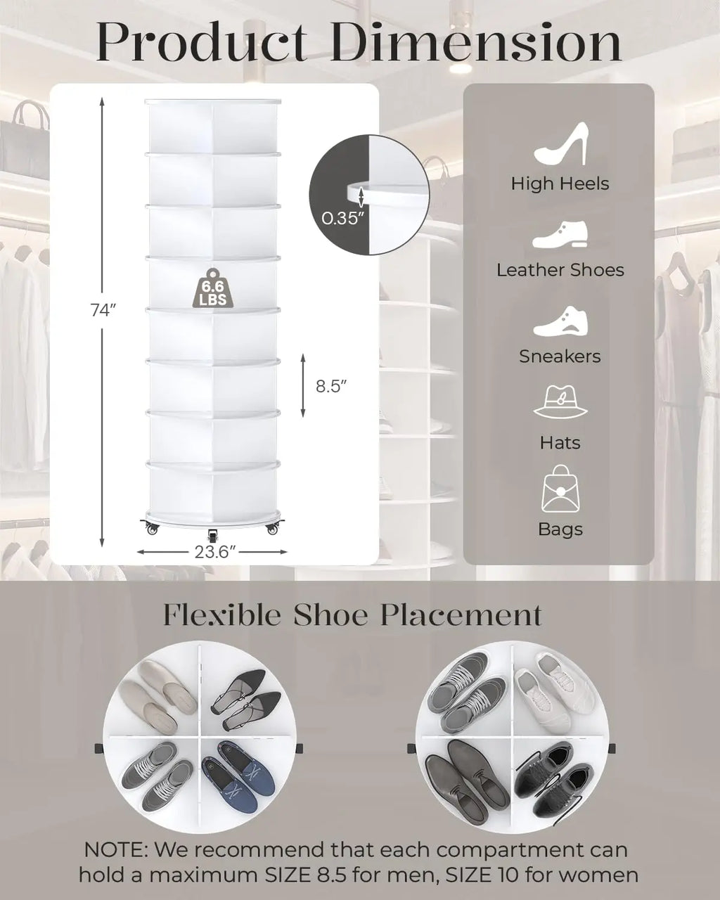 8Tier Rotating Shoe Rack Tower 23.6"x23.6"x74" White, Customized