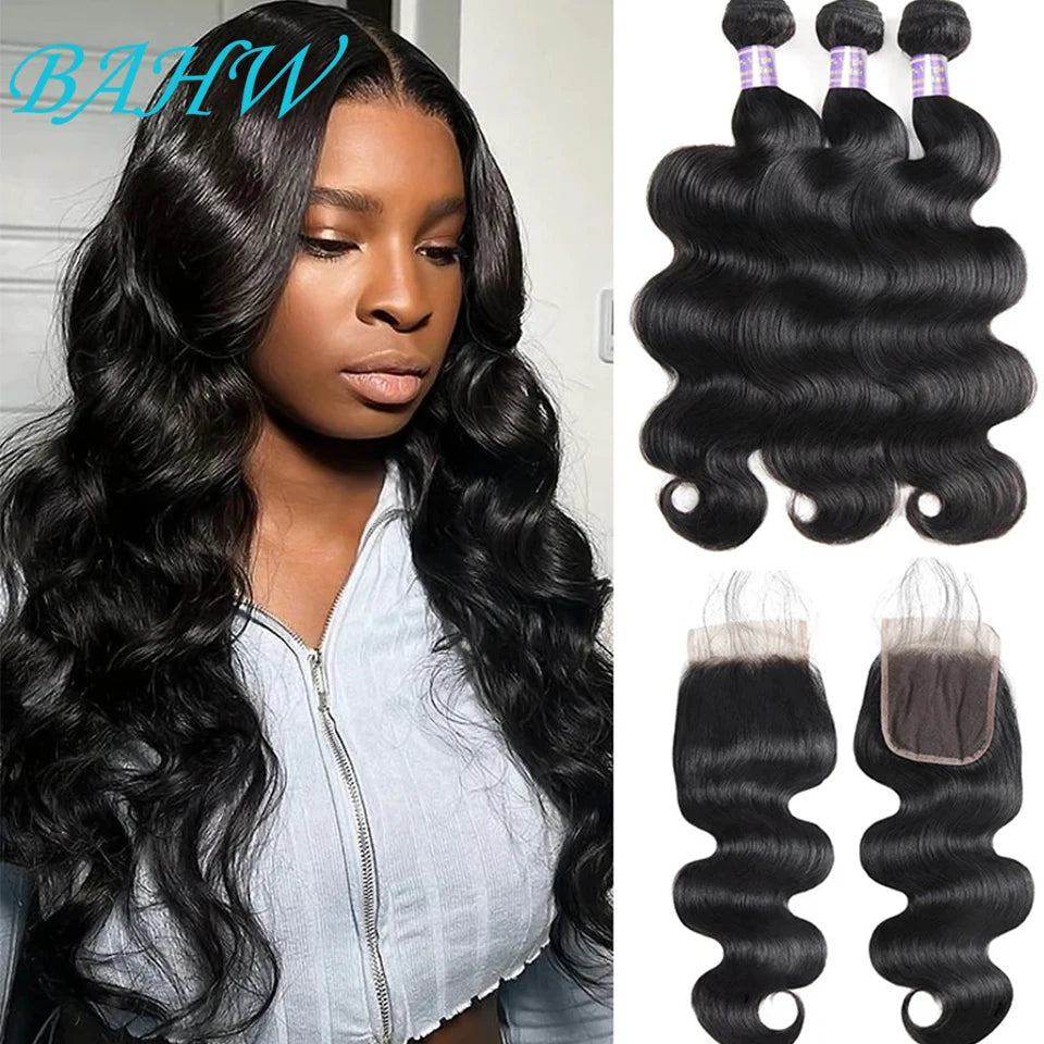 12A Peruvian Body Wave 3/4Bundles With 4x4 Lace Closure Human Hair Bundle With Lace Closure Virgin Hair Weave Extensions