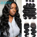 12A Peruvian Body Wave 3/4Bundles With 4x4 Lace Closure Human Hair Bundle With Lace Closure Virgin Hair Weave Extensions