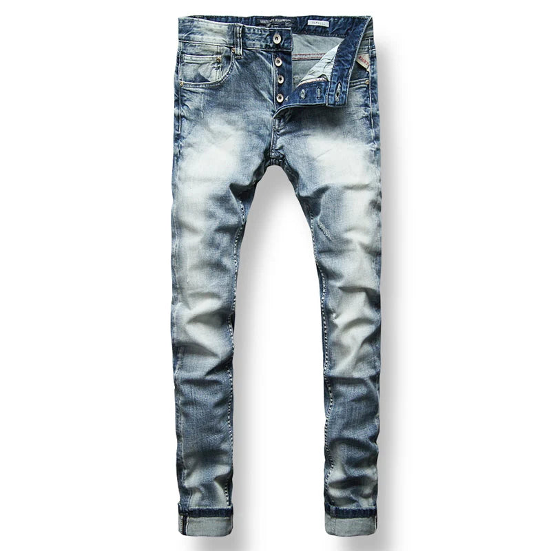Italian Style Fashion Men Jeans Retro Light Blue Stretch Slim Fit Ripped Jeans Men Y2K Vintage Casual Denim Pants Hombre