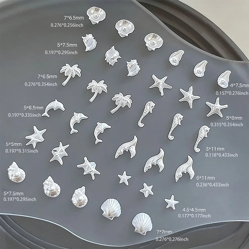 50pcs Mixed Ocean Series Nail Art Decorations White/Blue/Aurora Starfish Scallop Dolphin Nail Charm Marine DIY Manicure Supplies