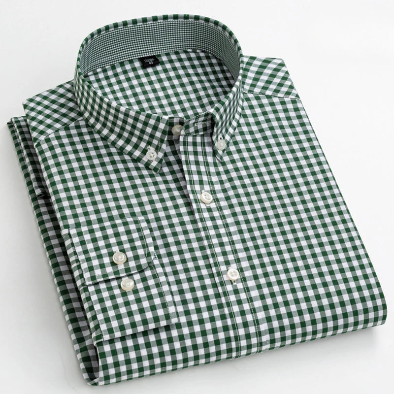 New in Shirt 100% Cotton Long-Sleeve Shirts for Men Slim Fit Plain Shirt Thin Plaid Striped Tops Fashion Elegants Office Clothes