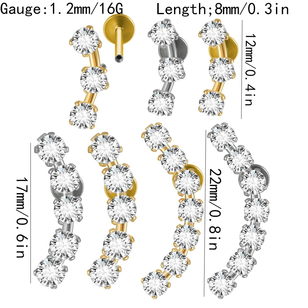 1PC Three/Five/Seven Stainless Steel Zircon Ear Tragus Cartilage Piercing Internal Thread Daith Lip Piercing Body Jewelry