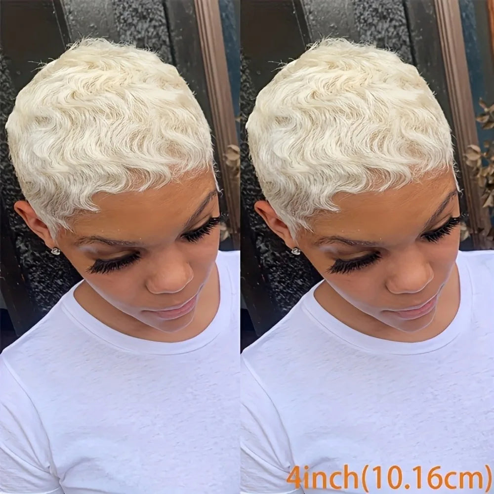6-Inch Short Human Hair Wig with Bangs & Layered Pixie Cut Full machine made wig-Ocean Wave Texture, Natural Looking