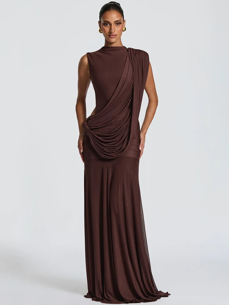 Mozision Women High Neck Sleeveless Maxi Dress Side Back Cutout Draped Knot Ruched Mermaid Evening Wedding Guest Formal Dress