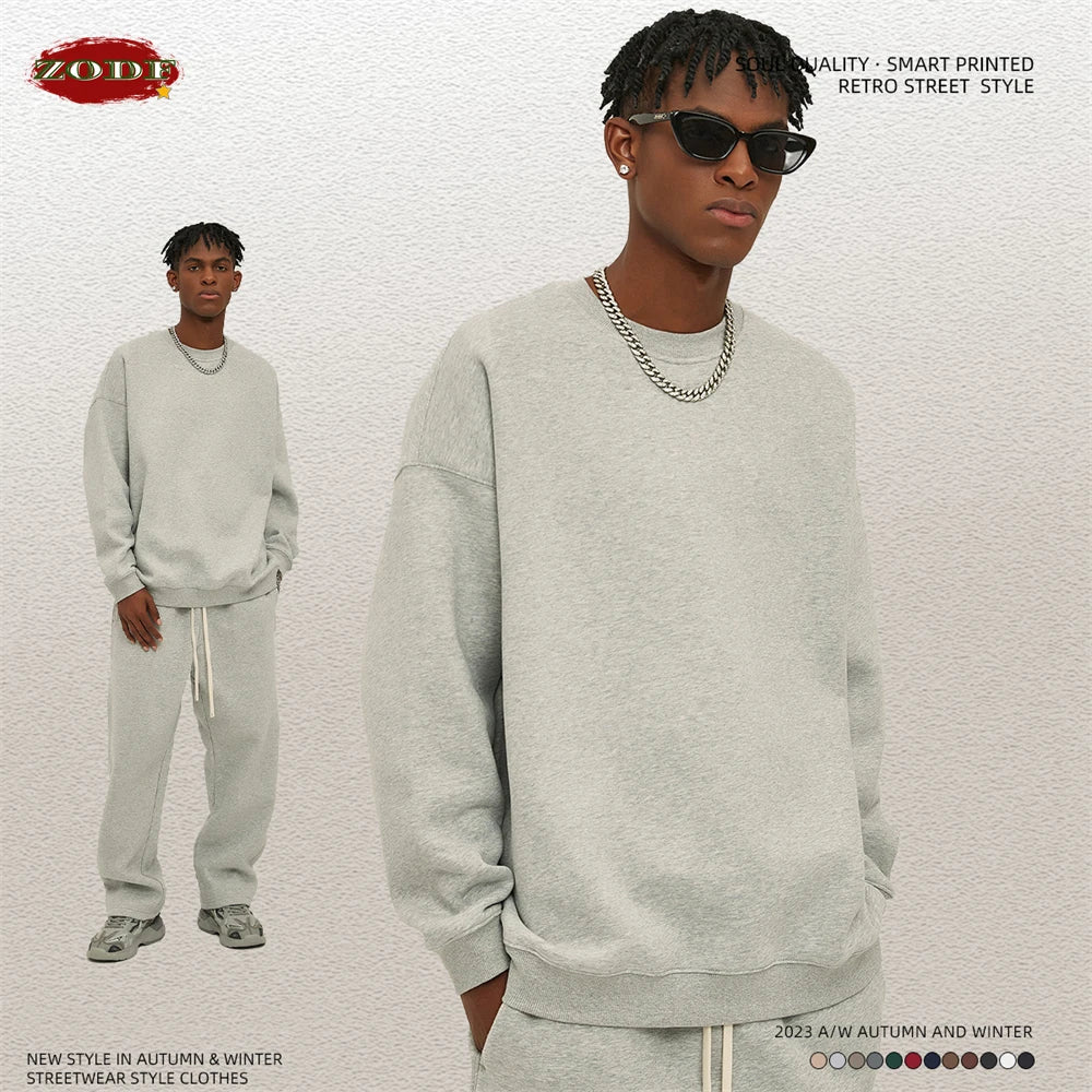 ZODF New 2025 Winter 350gsm Fleece Sweatshirts For Men Unisex Casual Loose Basic Solid O-Neck Thick Warm Pullovers HY0635