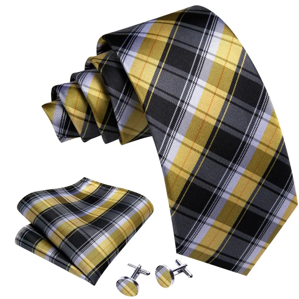 Classic Black Yellow Tie For Men With Pocket Square Cufflink Set Plaid Woven Necktie Business Designer Party Barry.Wang