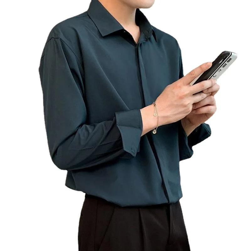 Korean New Men Clothing Drape Shirts for Men Solid Color Lapel Long Sleeve Ice Silk Business Casual Buttons Men Silk Shirt