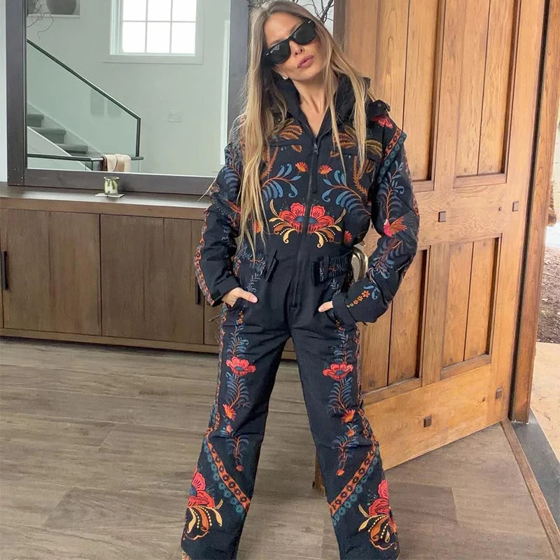Flower Printed Women's Ski Jumpsuits Zippers Stand Collar Waist-closed Pocket Lady Rompers 2026 Autumn Winter Female Ski Wear
