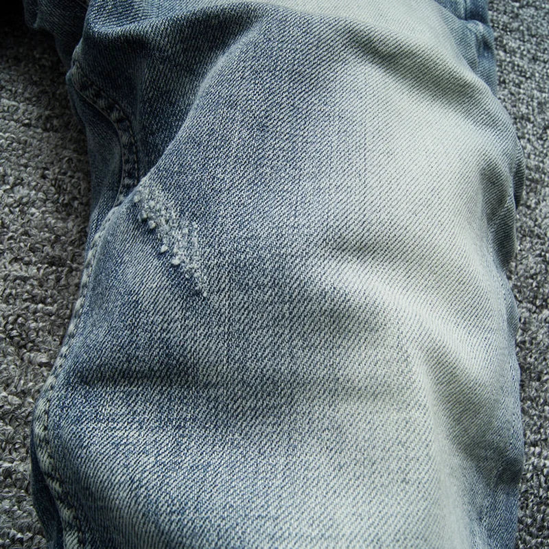 Italian Style Fashion Men Jeans Retro Light Blue Stretch Slim Fit Ripped Jeans Men Y2K Vintage Casual Denim Pants Hombre