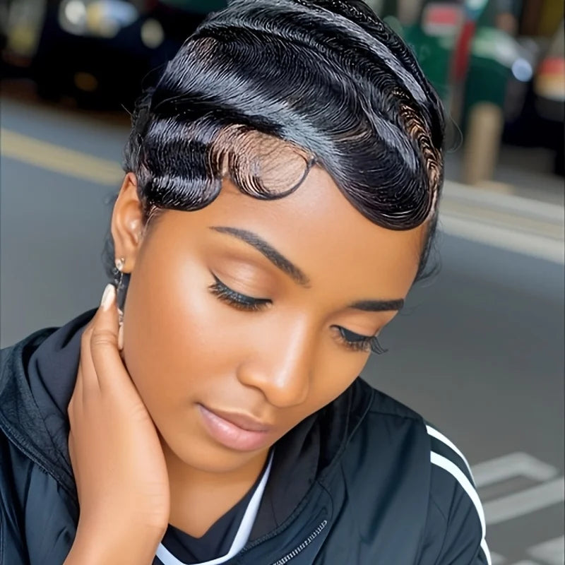 Short Finger Wave Human Wigs Remy Hair Pixie Cut Wig Human Hair Wig For Women Machine Made Wig