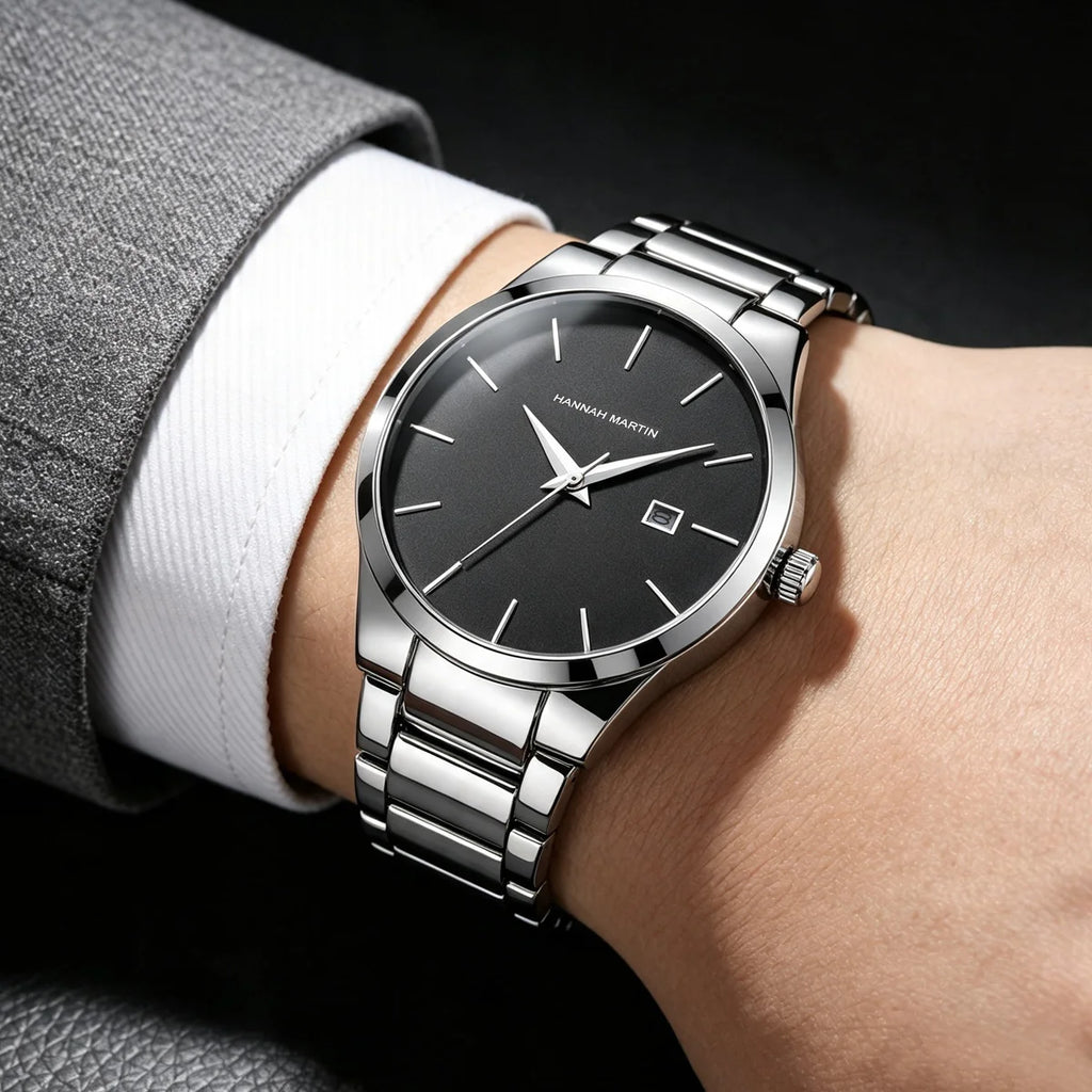 Hannah Martin Men's Stainless Steel Watch Fashion Business Style Black Minimalist Style 3Bar Waterproof Quartz Movement Watches
