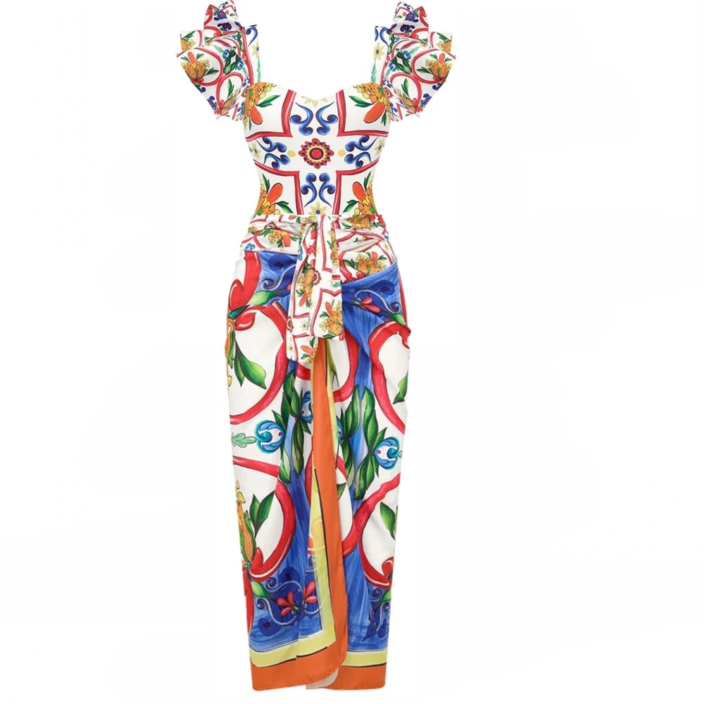 Retro Pink Color Matching Printed Two Piece Swimsuit Sexy Beach Swimwear Fashion Strap Cover-up Blouse Pre-sale New 2023