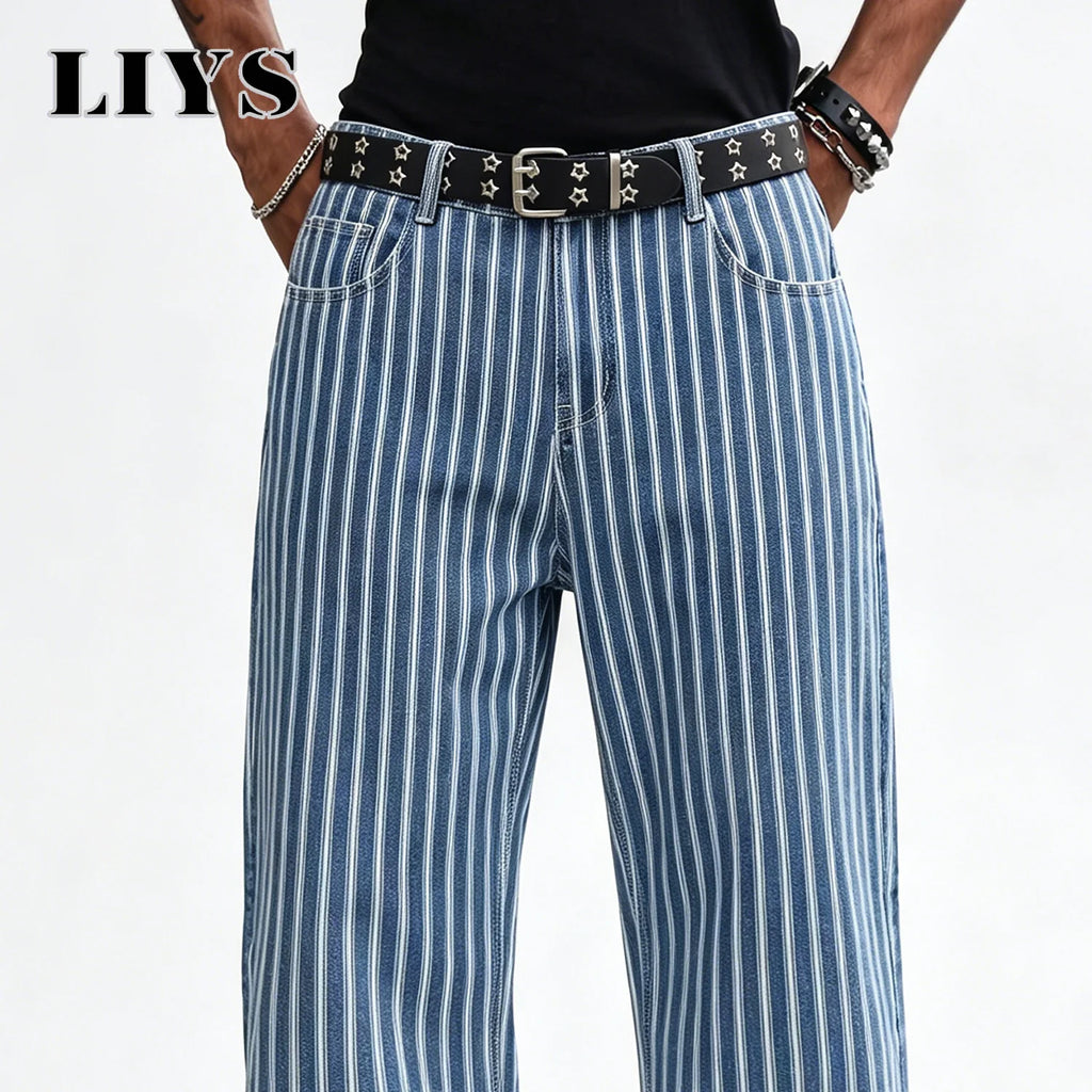 LIYS Men's Blue White Striped Jacquard Straight Leg Jeans Baggy Casual Pants Suitable for Work and Leisure Without Elasticity
