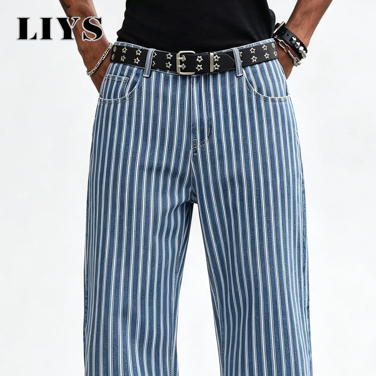 LIYS Men's Blue White Striped Jacquard Straight Leg Jeans Baggy Casual Pants Suitable for Work and Leisure Without Elasticity