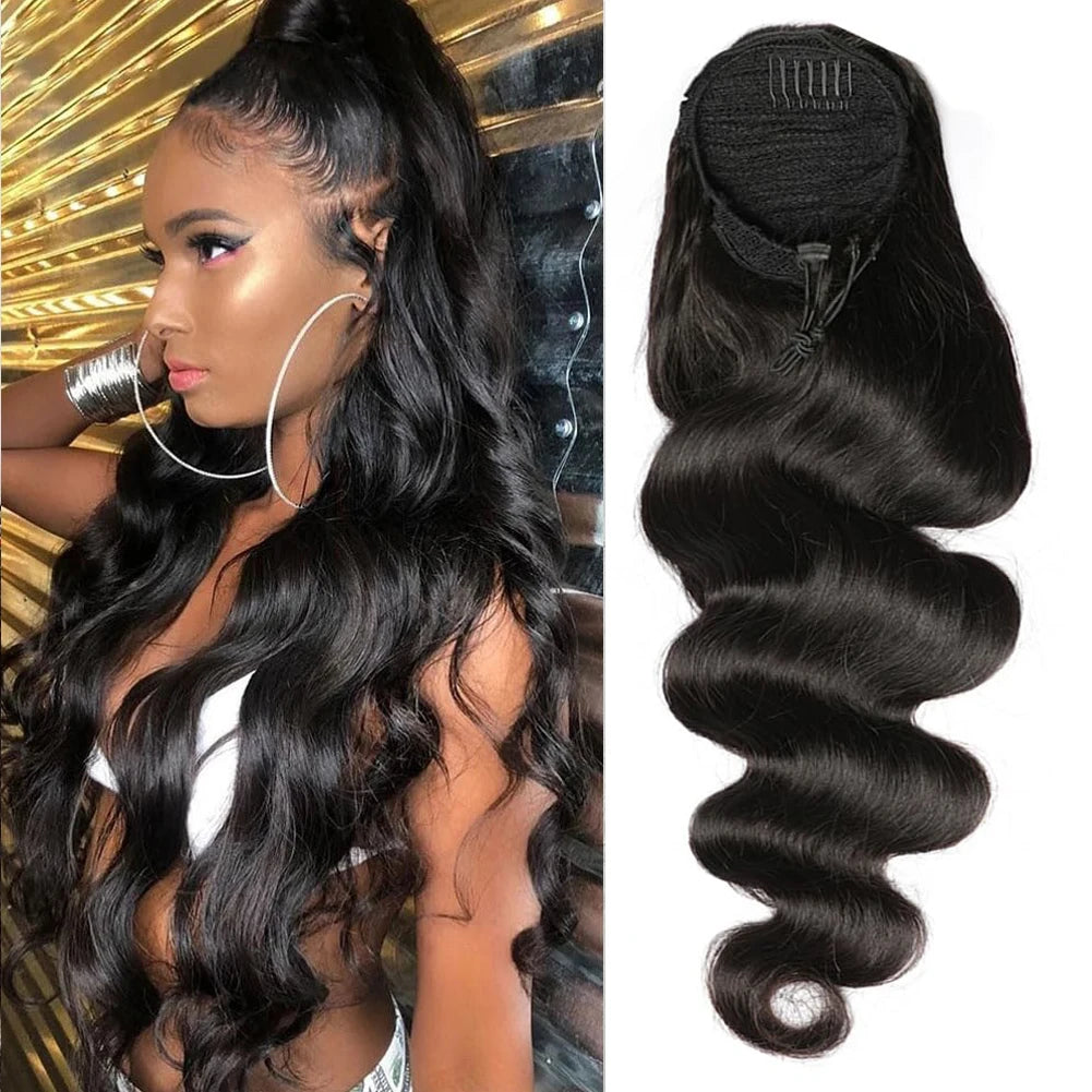 Body Wave Ponytail Real Human Hair Drawstring Ponytail Clip In Hair Extensions Brazilian Natural Black For Women Ponytail