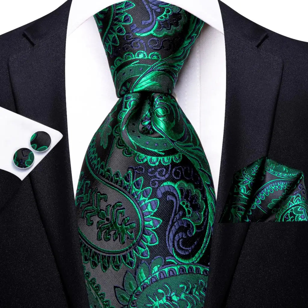 Hi-Tie Designer Green Solid Striped Paisley Wedding Tie For Men Necktie Hanky Cufflink Fashion Business Party Dropshipping