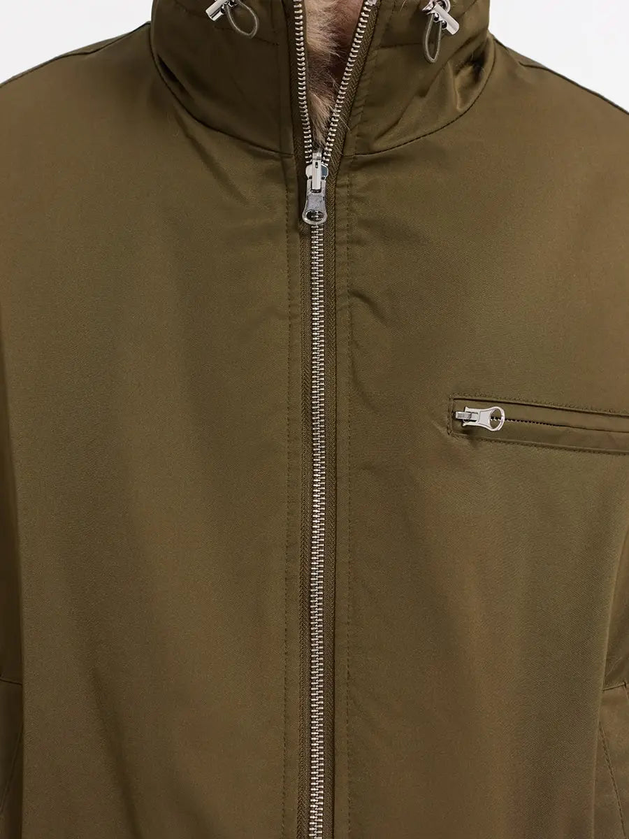 Women Reversible Leopard Print Faux Fur & Olive Nylon Cropped Jacket, Stand Collar Full Zip, Winter Warm Street Commuter