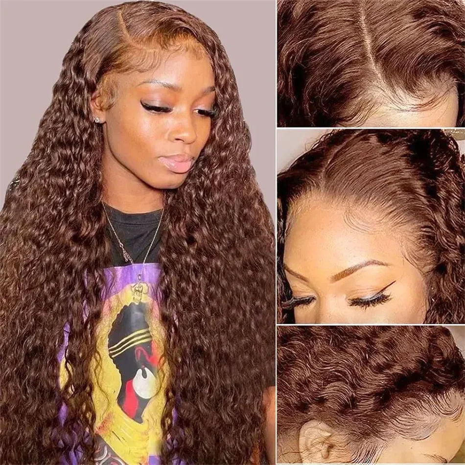 Chocolate Brown Deep Wave Lace Front Human Hair Wigs Transparent 13x4/13x6 Deep Curly Pre Plucked Human Hair Lace Frontal Wigs