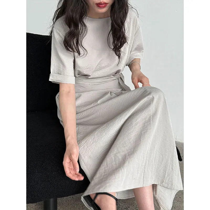 Dress for Women Korean Style Fashionable Casual Strap Short Sleeved Summer New Item with Waist Cinching for Slimming Effect