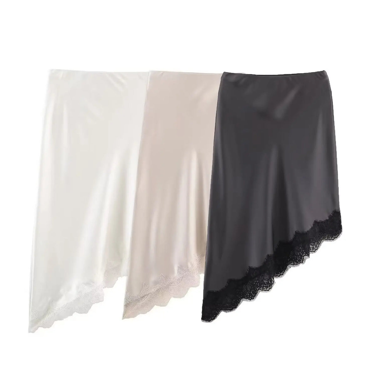 BSAY Lace Asymmetry Satin Texture Skirt Women Fashion Autumn Winter New Solid Chic Female High Waist Elegant Skirts Mujer