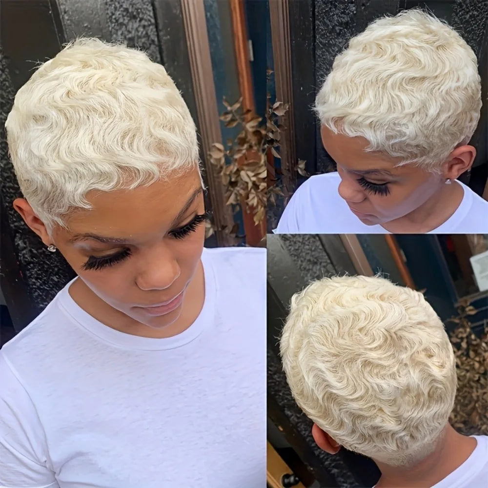 6-Inch Short Human Hair Wig with Bangs & Layered Pixie Cut Full machine made wig-Ocean Wave Texture, Natural Looking