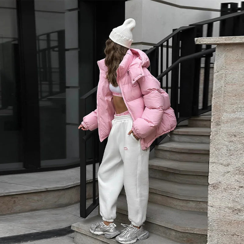 Oversized Puffer Women Jackets Coat Print Hooded Zipper Parka Coats Loose Mid‑Length Warm Winter Outerwear With Big Pockets