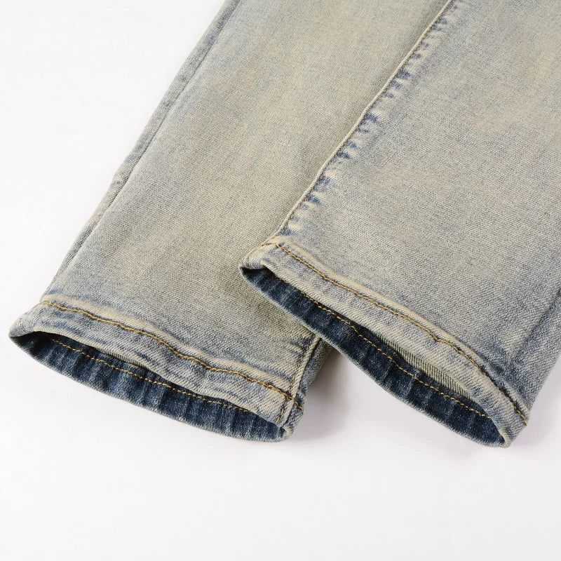 Men's Cracked Patch Biker Jeans Streetwear Patchwork Skinny Tapered Pants Vintage Stretch Denim Ripped Distressed Trousers