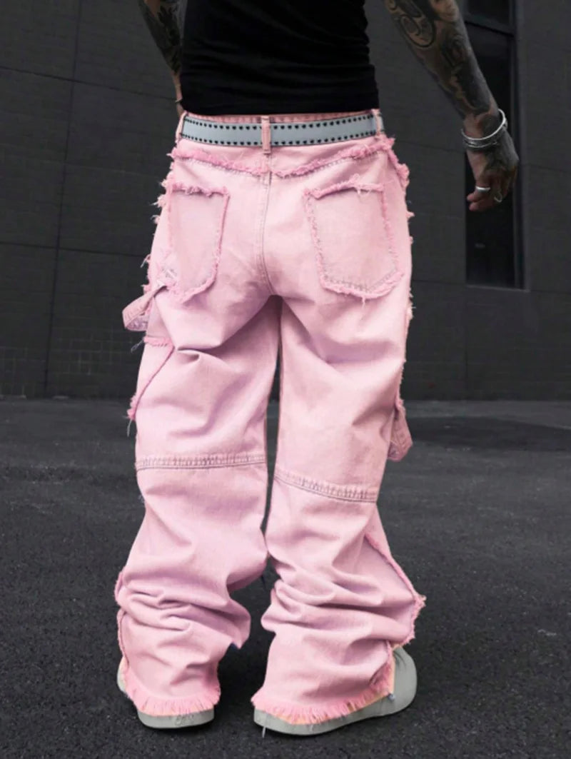 Pink Frayed Wide-Leg All-Season Cargo Denim Jeans