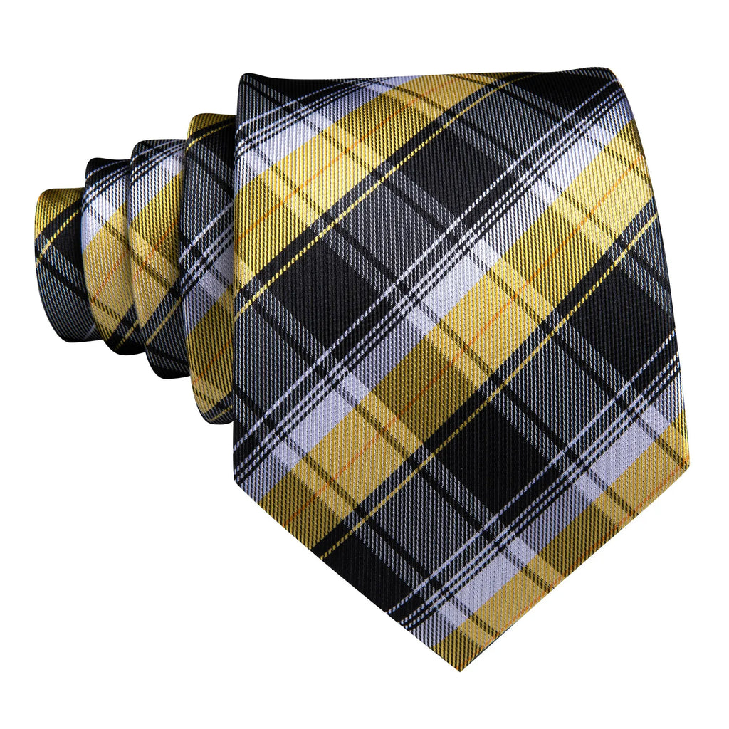 Classic Black Yellow Tie For Men With Pocket Square Cufflink Set Plaid Woven Necktie Business Designer Party Barry.Wang