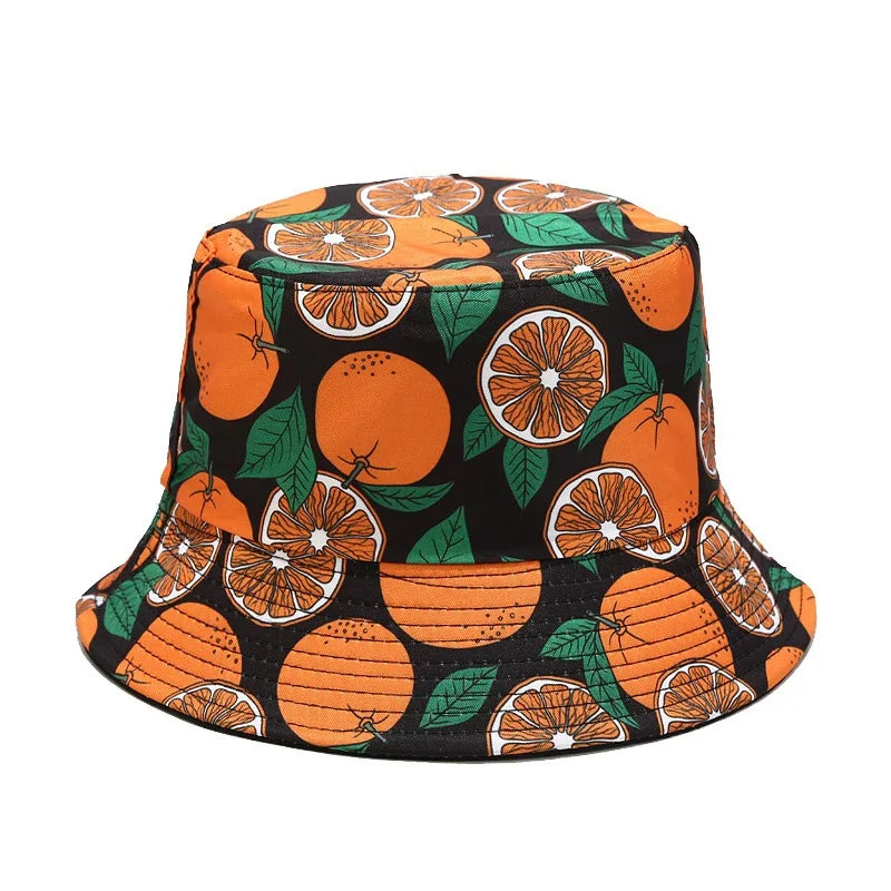 New Creative Fruit Pattern Fisherman's Hat Unisexdouble Sided Bucket Cap Uv Protection Panama Sun Caps for Girls Beach Hats
