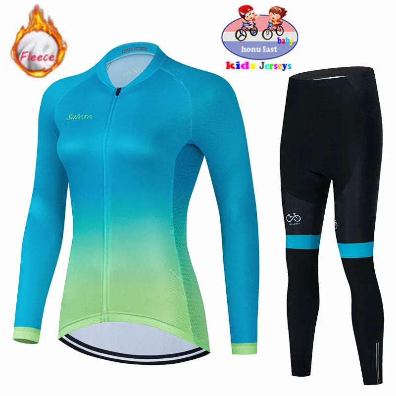 New 2026 Kids Winter Thermal Fleece Cycling Jersey Set MTB Bicycle Girl Cycling Clothes Warm Bike Children Cycling Clothing Suit