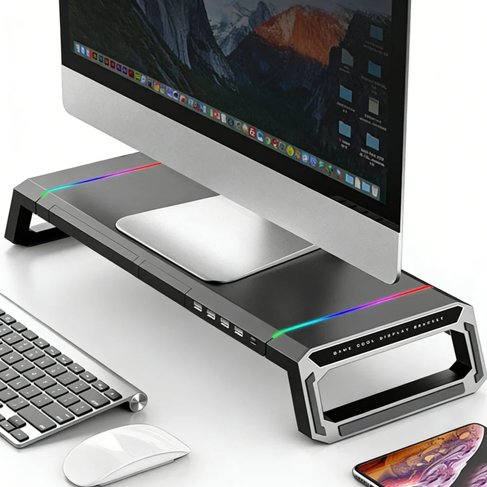 PC Monitor Stand with 3.0 USB Ports Data Transfer Charging Desktop Height Stand Office Laptop Keyboard Stand Storage Shelf Board