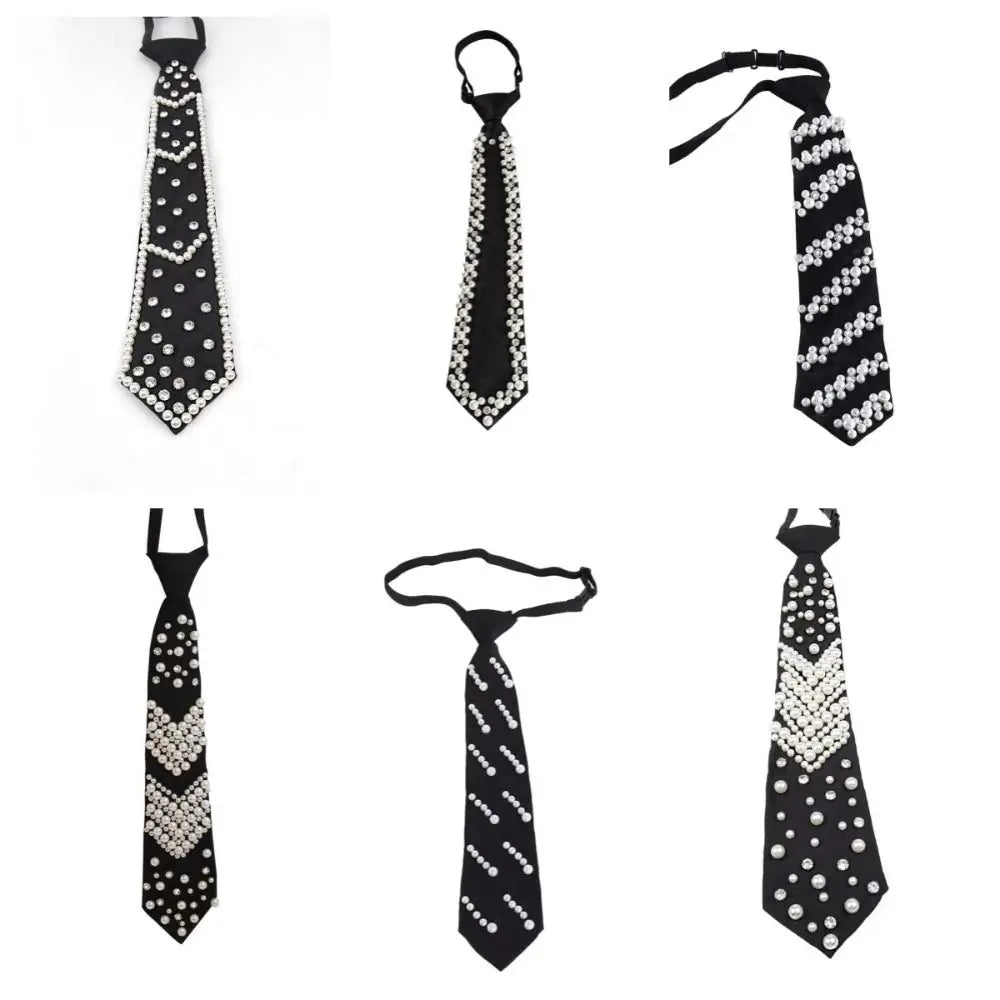 Temperament Rhinestone Pearls Tie Korean Style Black Hand-beaded Long Necktie Academic Style Collares Decoration Shirt Tie Daily
