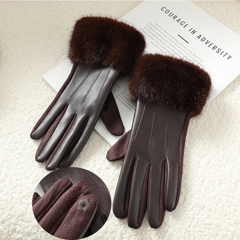 Winter Fashion With Faux Fur Trim PU Leather Women's Gloves for Cold Weather Cuff Thickened Thermal Lining Windproof Warm Gloves