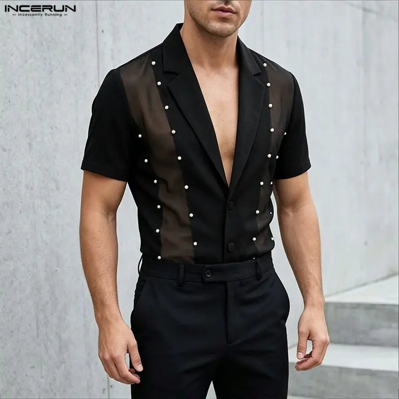 INCERUN Men's Shirt Mesh Patchwork Lapel Short Sleeve Menswear Clothing Streetwear See Through Party Fashion Tops For Man Camisa