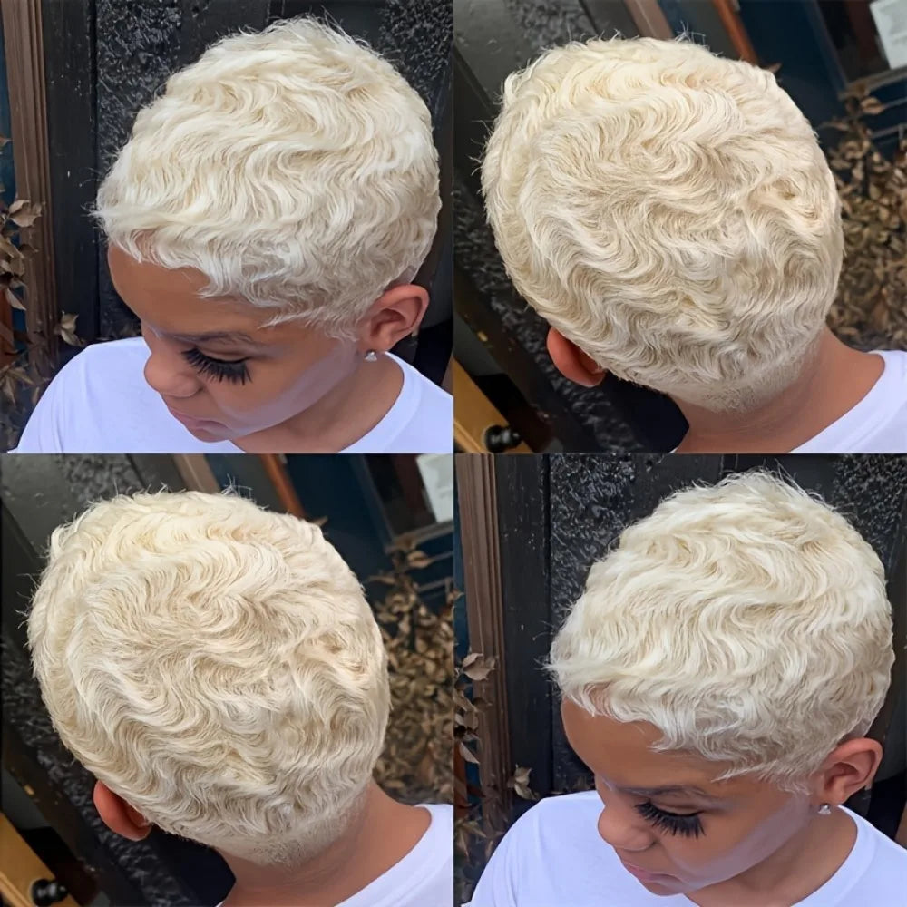 6-Inch Short Human Hair Wig with Bangs & Layered Pixie Cut Full machine made wig-Ocean Wave Texture, Natural Looking