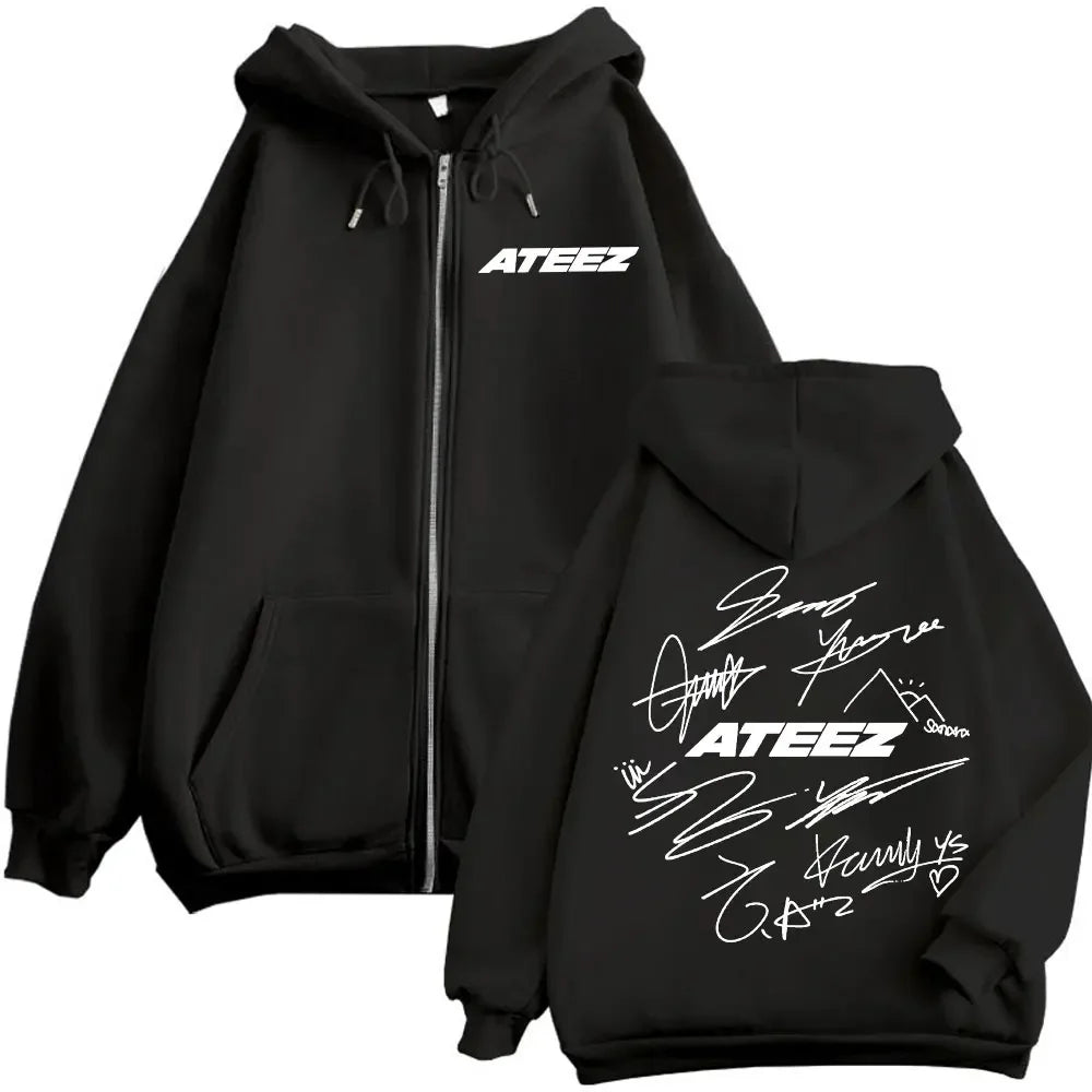 Limited Kpop ATEEZ Logo Double Sided Print Zipper Hoodie Fashion Hip Hop Zip Up Sweatshirts Men Women Casual Oversized Pullovers