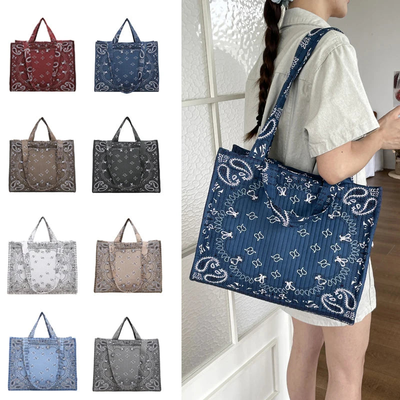 Women Paisley Print Quilted Tote Bag Large Capacity Casual Shoulder Handbag Vintage Bandana Pattern Commuter Shopping Bag
