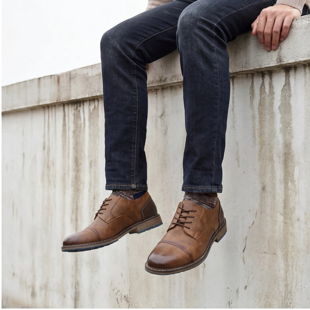 Men's Dress Shoes Burnished Finish Shoes For Man Office Shoes Man Blue Outsole Accents Men Cap Toe Shoes