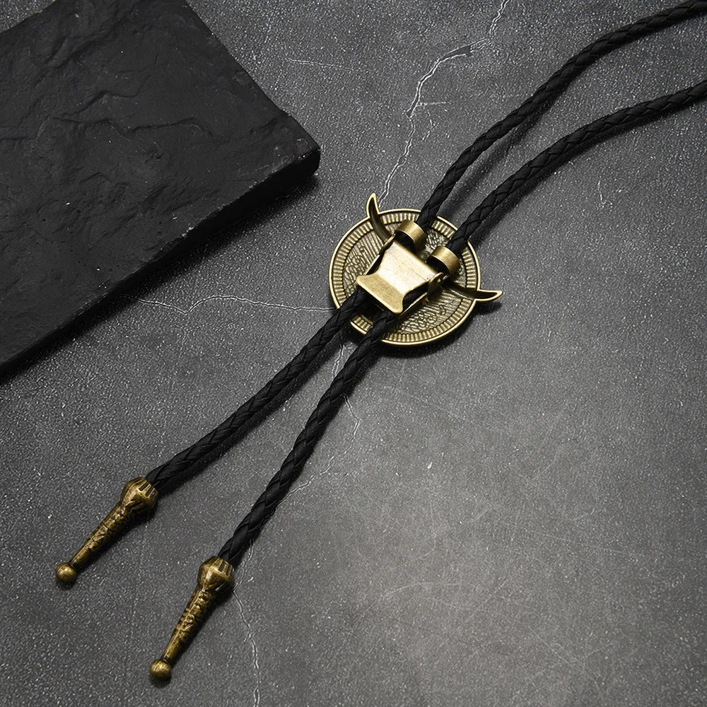 New Western Cowboy Style Bull Head Alloy Leather Bolo Tie Long Necklace for Men High Quality Fashion Jewelry Accessory