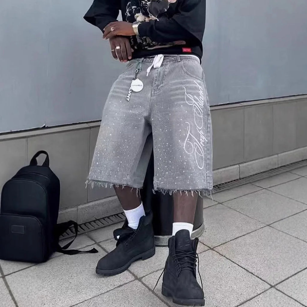 Men Wide Leg Jeans Calf Length Trousers Vintage Mid Waist Washed Diamonds Distressed Pockets Denims Streetwear Summer 2025