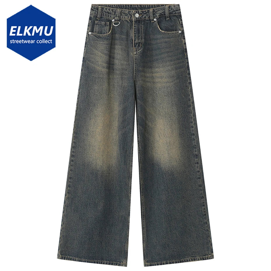 Vintage Blue Loose Denim Pants Men Retro Straight Baggy Jeans Wide Leg Casual Black Jeans Trousers