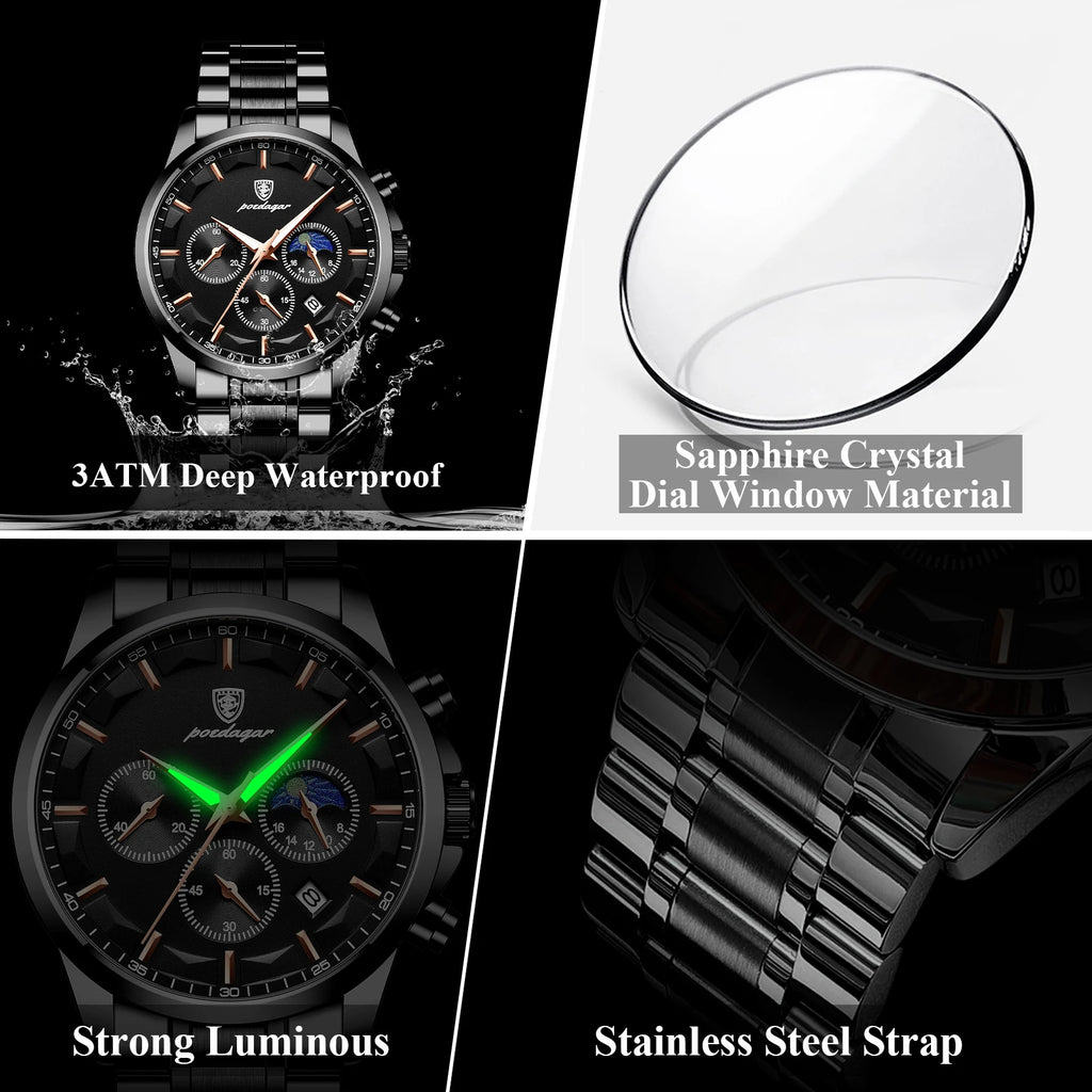 POEDAGAR Top Business Men's Watches Waterproof Luminous Stainless Steel Fashion Men Wristwatch Chronograph Date Man Quartz Watch