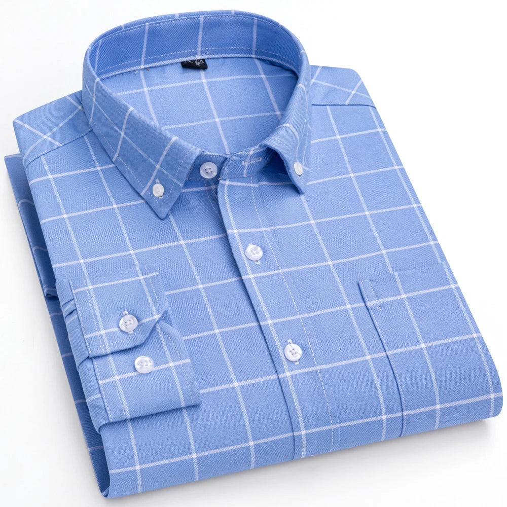 Men's Oxford Long Sleeve Multicolor Striped Plaid Dress Shirts Thick Cotton 100% Spring Fall Versatile Casual Button-Down Shirt
